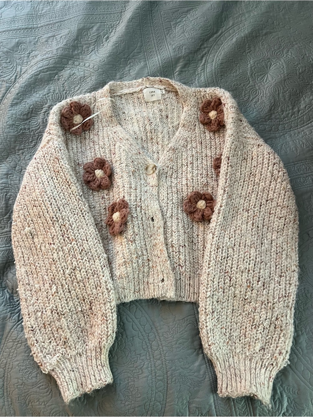 Hand-Knit Floral Appliqué Cropped Cardigan - Cream with Brown Flowers